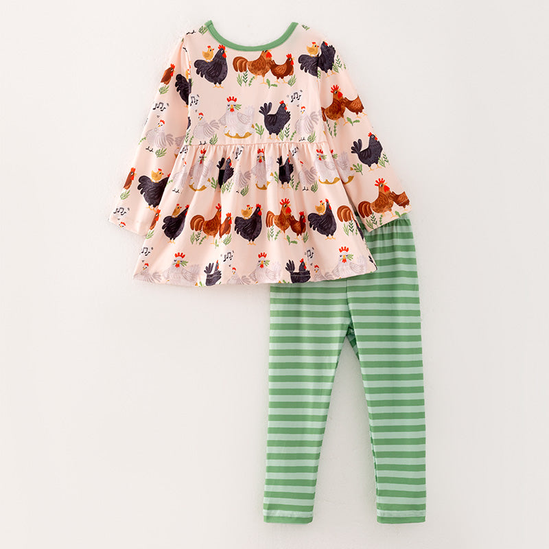 （In Stock E7-1-1）Girls Fall Chick Print Outfit Set