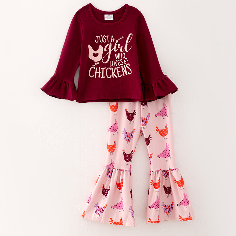 （In Stock E5-5-1）Girls Fall Chick Print Outfit Set