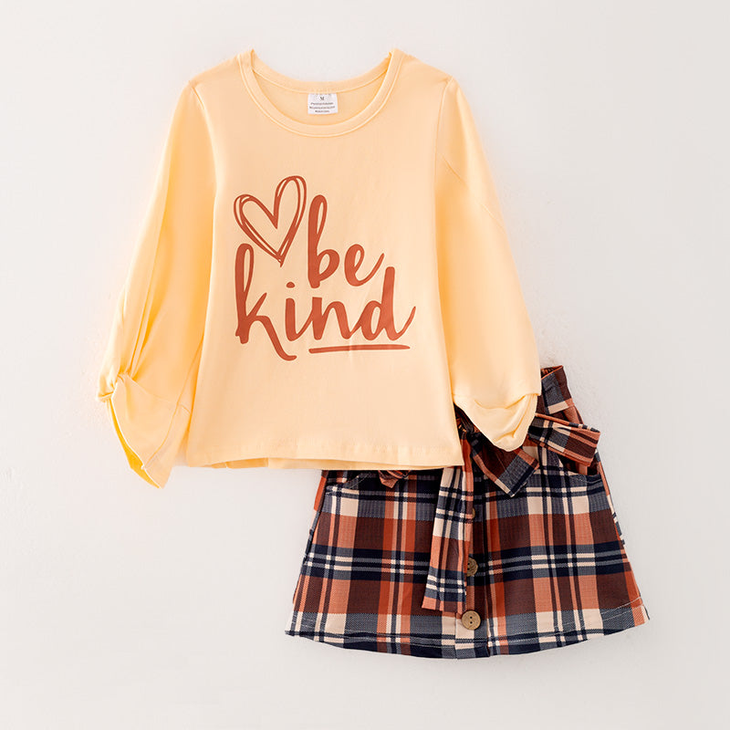 （In Stock E6-4-1）Girls Fall be KIND Print Skirt Set