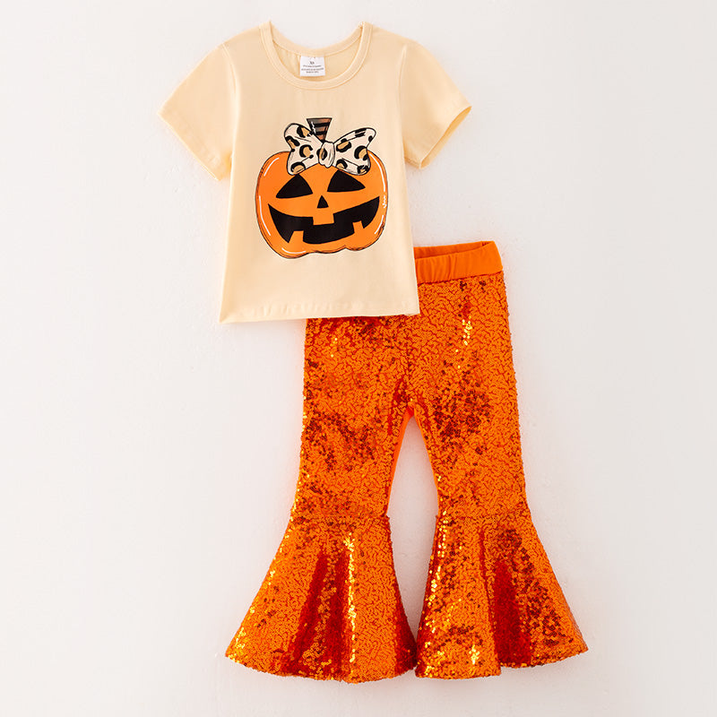 （In Stock G19-1-1）Girls Halloween Applique Outfit Set