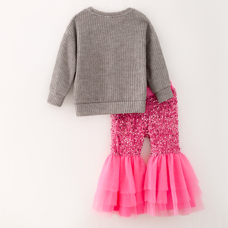 （In Stock G28-2-2）Girls Christmas Chenille Patches Sweater Sequin Pants Set