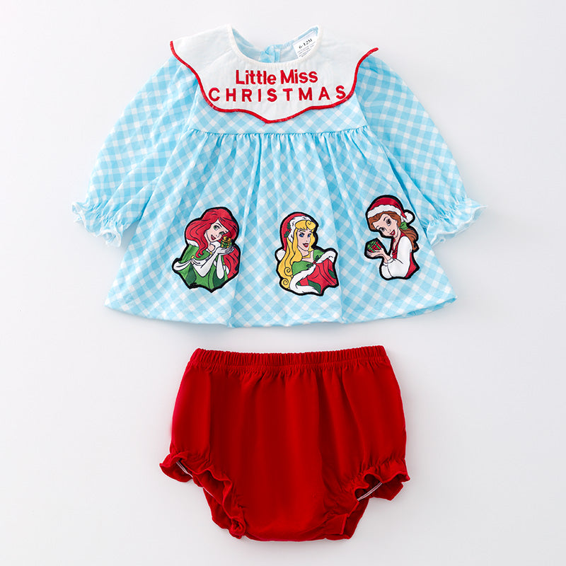 （In Stock A4-8-2）Baby Girls Christmas Princess Santa Embroided Romper Set