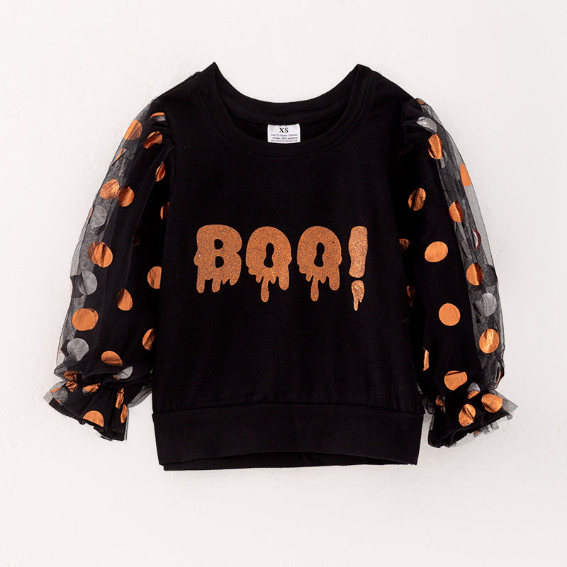 （In Stock E30-3-3）Girls Halloween BOO Print Puff Sleeve Top