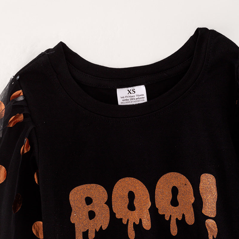 （In Stock E30-3-3）Girls Halloween BOO Print Puff Sleeve Top