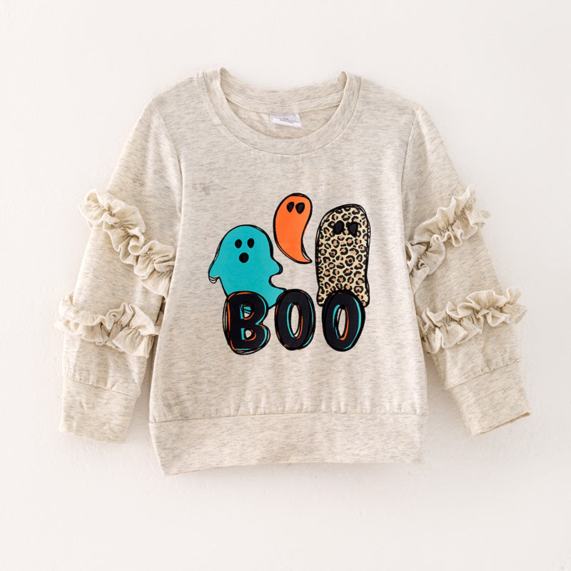 （In Stock E31-5-3）Girls Halloween BOO Print Top