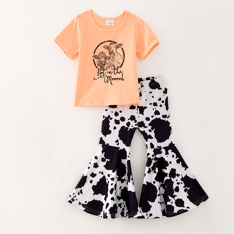 （In Stock E25-2-2）Girls Fall Cow Print Outfit Set