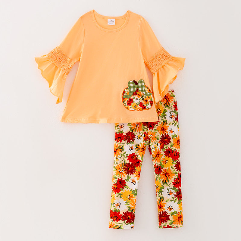 （In Stock E25-2-3）Girls Fall Cotton Top Floral Print Pants Set