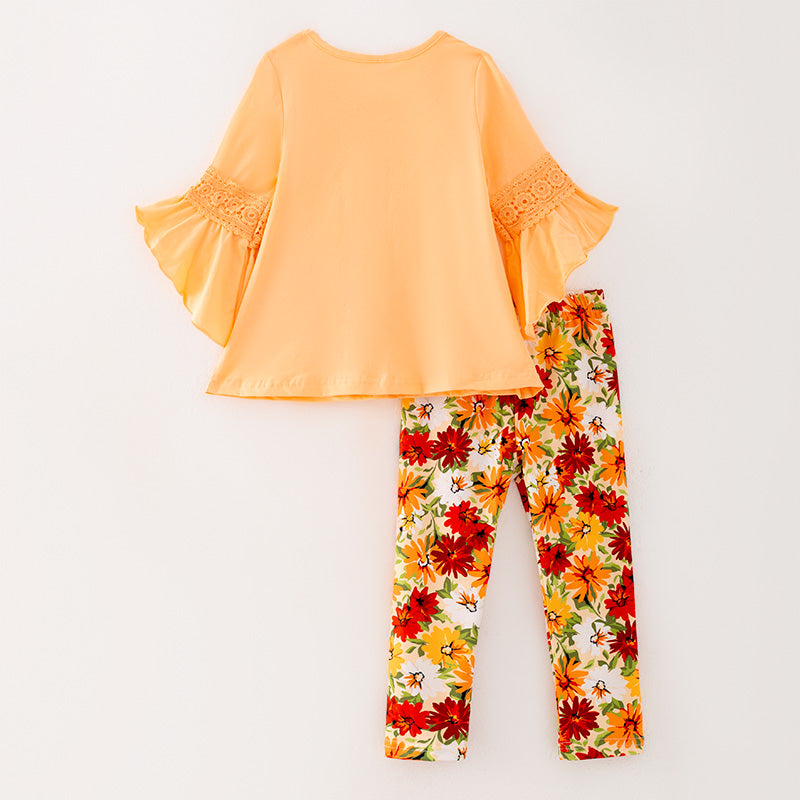 （In Stock E25-2-3）Girls Fall Cotton Top Floral Print Pants Set