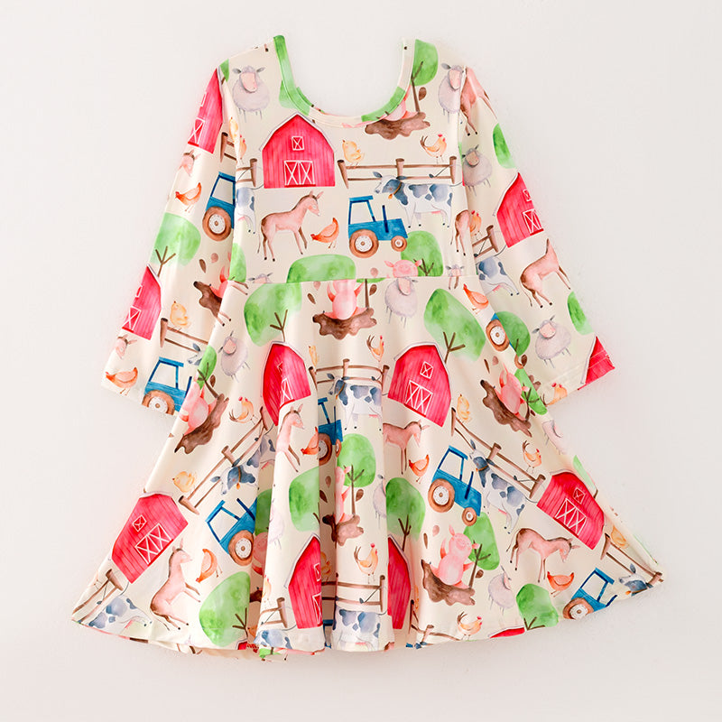 （In Stock E4-5-2）Girls Fall Farm Print Dress