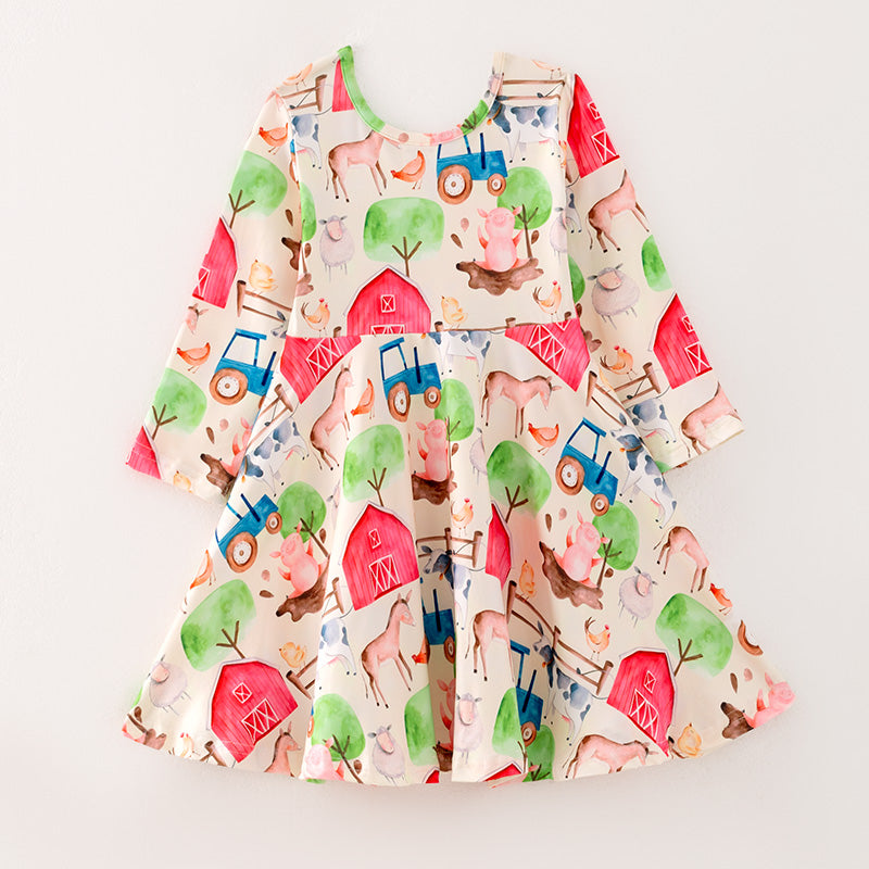 （In Stock E4-5-2）Girls Fall Farm Print Dress