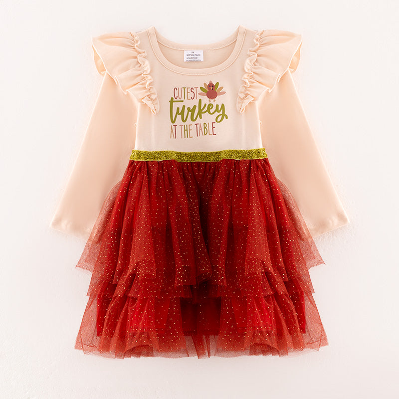 （In Stock L25-4-1）Girls Thanksgiving Turkey Print Tulle Dress