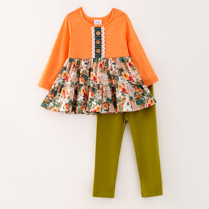 （In Stock E31-3-3）Girls Fall Floral Print Outfit Set