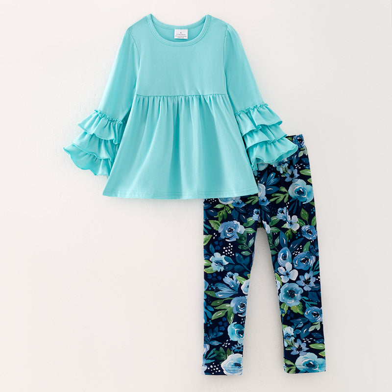 （In Stock L30-3-1）Girls Fall Turquoise Outfit Set