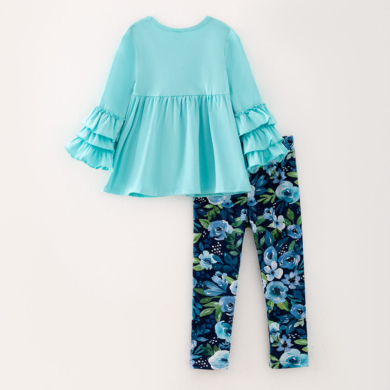 （In Stock L30-3-1）Girls Fall Turquoise Outfit Set