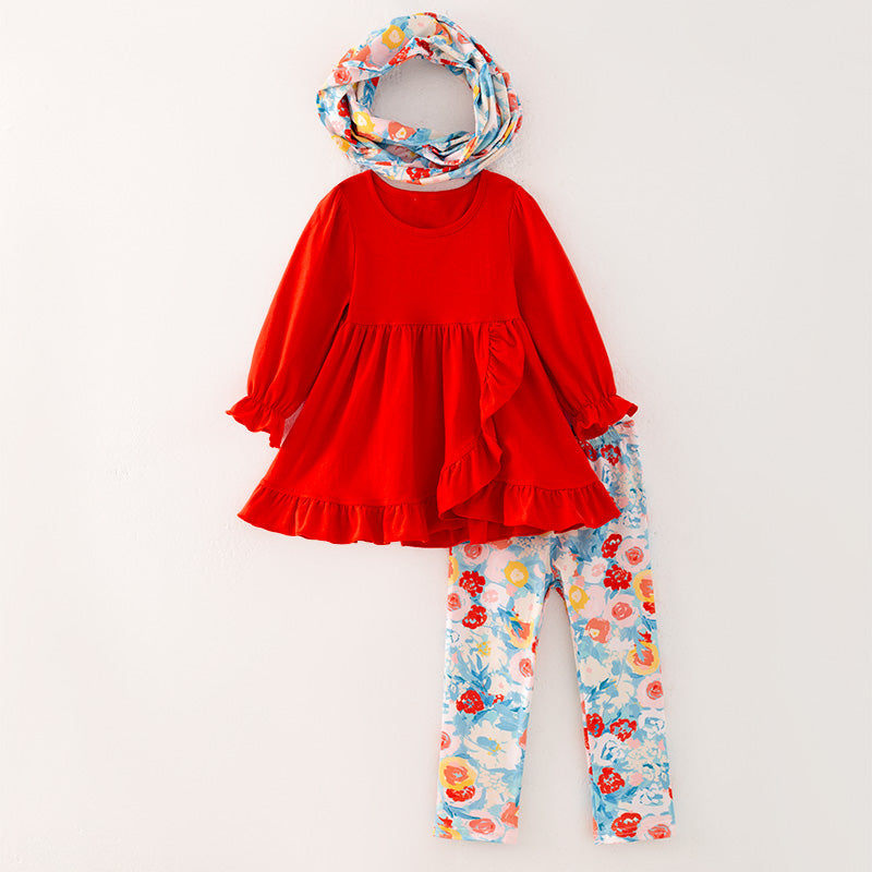 （In Stock L33-2-3）Girls Fall Tangerine Top Floral Print Pants Set