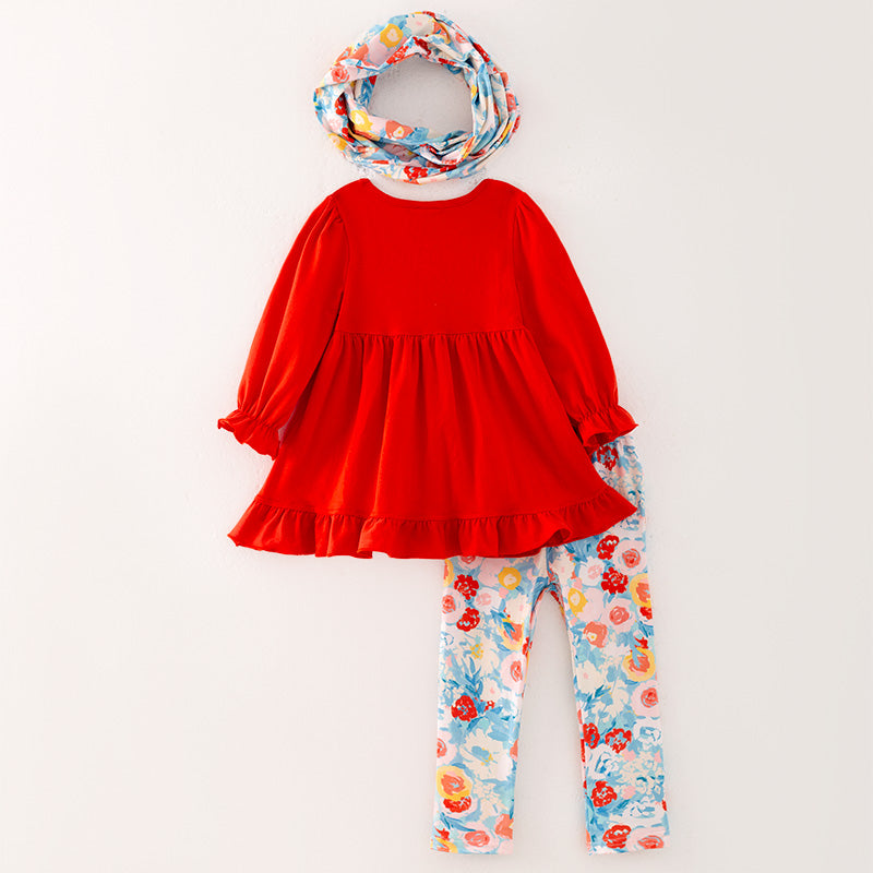 （In Stock L33-2-3）Girls Fall Tangerine Top Floral Print Pants Set