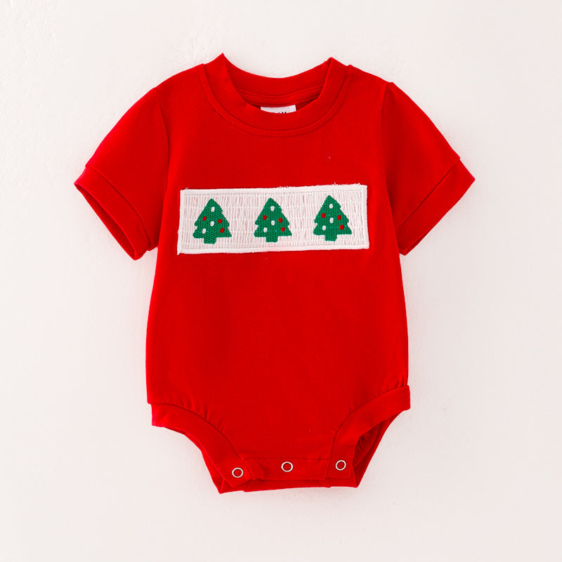 （In Stock A5-6-2）Baby Boys Christmas Tree Embroidery Smocked Romper