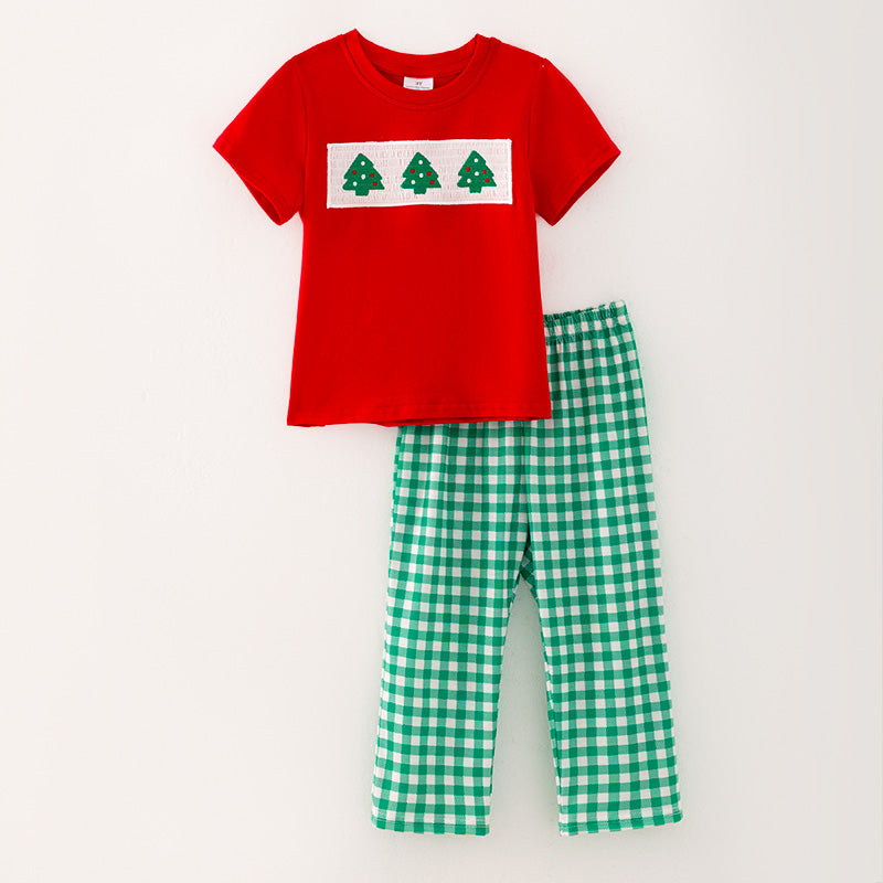 （In Stock A4-7-3）Boys Christmas Tree Embroidery Smocked Outfit Set