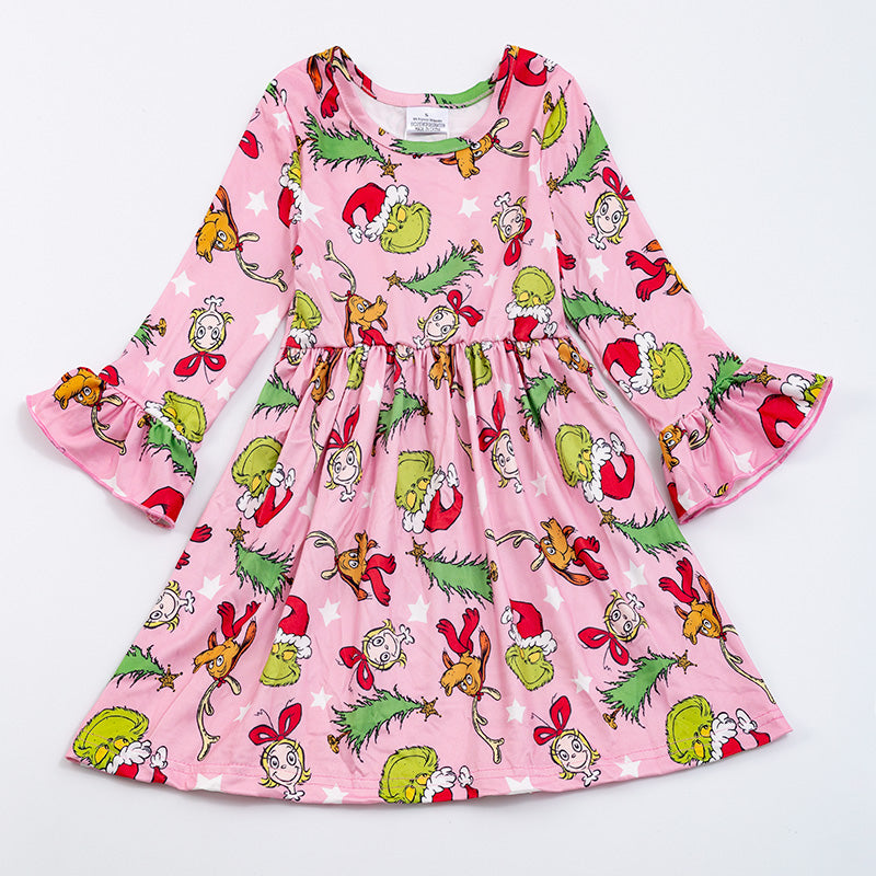 （In Stock G14-3-1）Girls Grinch Pink Twirl dress