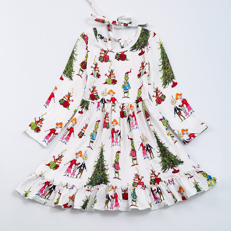 （In Stock G14-02-01）Grinch print long sleeve dress