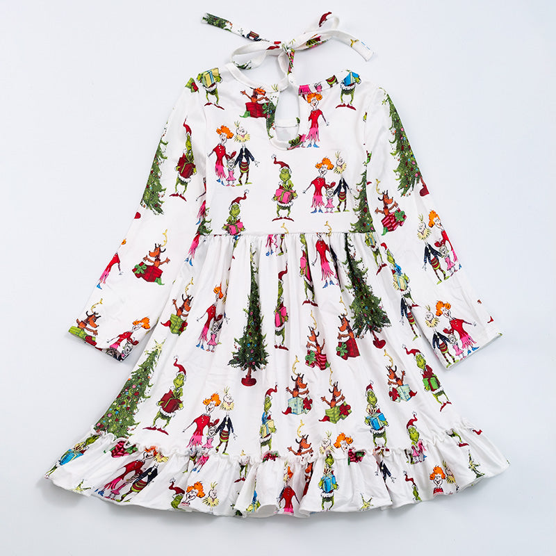 （In Stock G14-02-01）Grinch print long sleeve dress