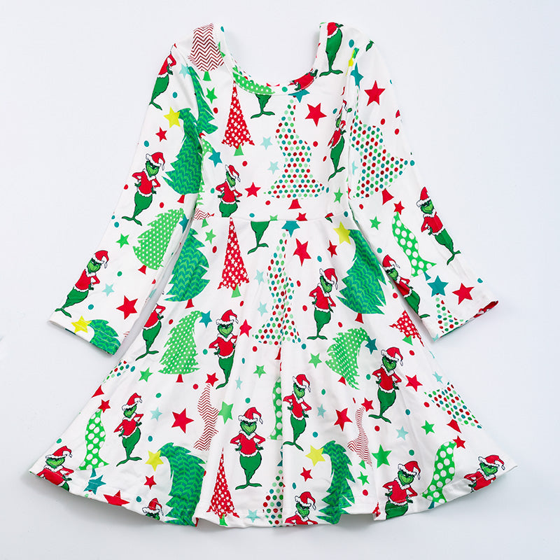 （In Stock G14-03-02）Grinch tree print  long sleeve dress