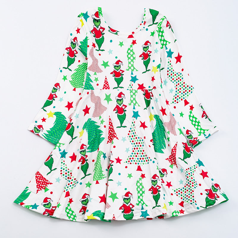 （In Stock G14-03-02）Grinch tree print  long sleeve dress