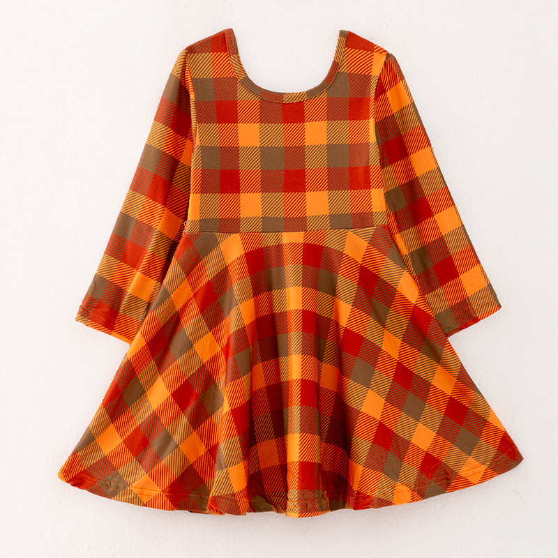 （In Stock Q3-2-2）Girls Thanksgiving Plaid Print Dress