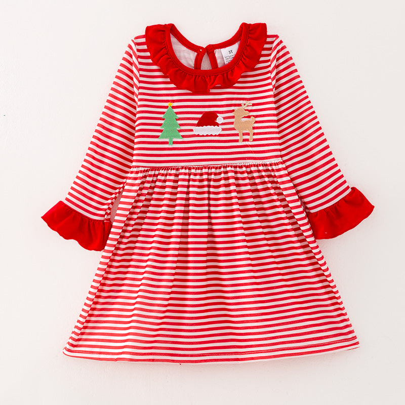 （In Stock L23-4-2）Girls Christmas Embroidery Red Stripe Dress