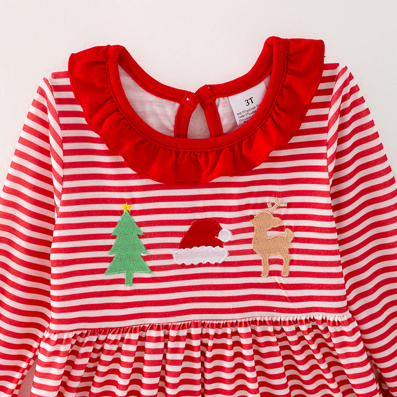 （In Stock L23-4-2）Girls Christmas Embroidery Red Stripe Dress