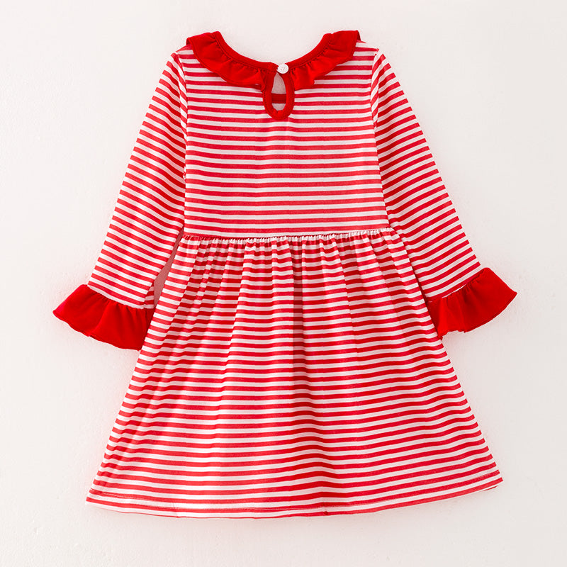 （In Stock L23-4-2）Girls Christmas Embroidery Red Stripe Dress