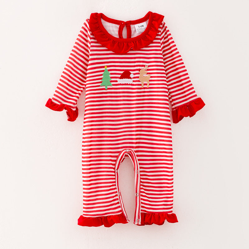 （In Stock L23-4-1）Baby Girls Christmas Embroidery Red Stripe Romper