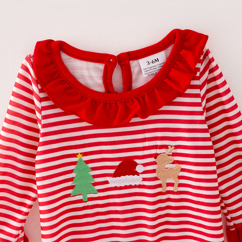 （In Stock L23-4-1）Baby Girls Christmas Embroidery Red Stripe Romper