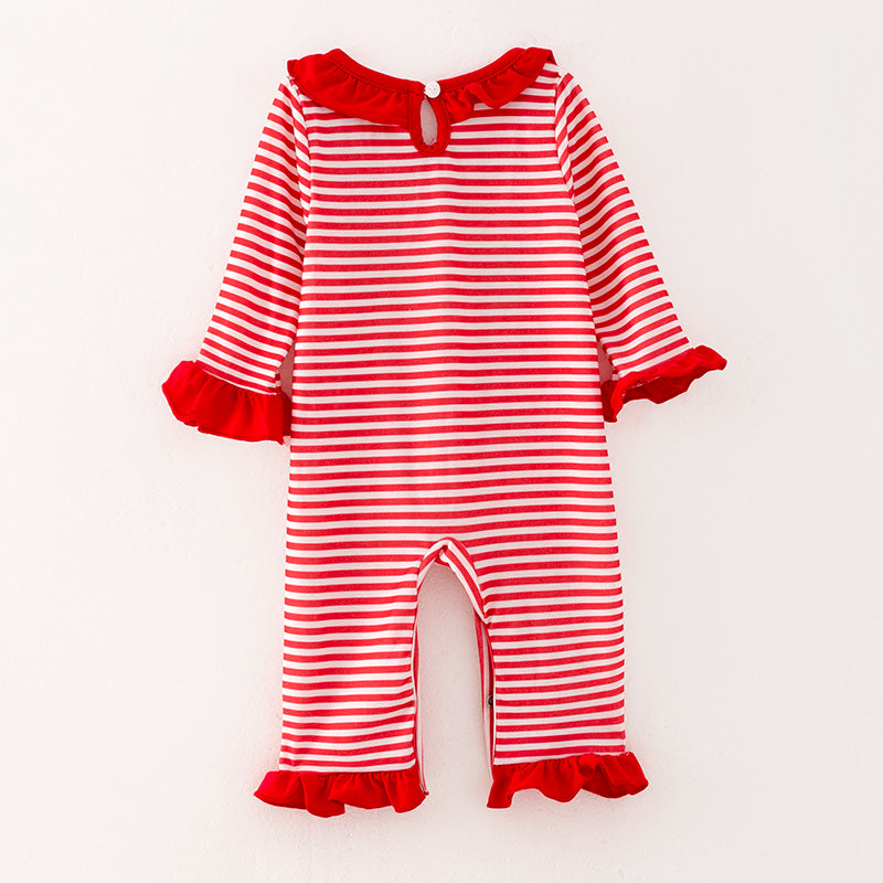 （In Stock L23-4-1）Baby Girls Christmas Embroidery Red Stripe Romper