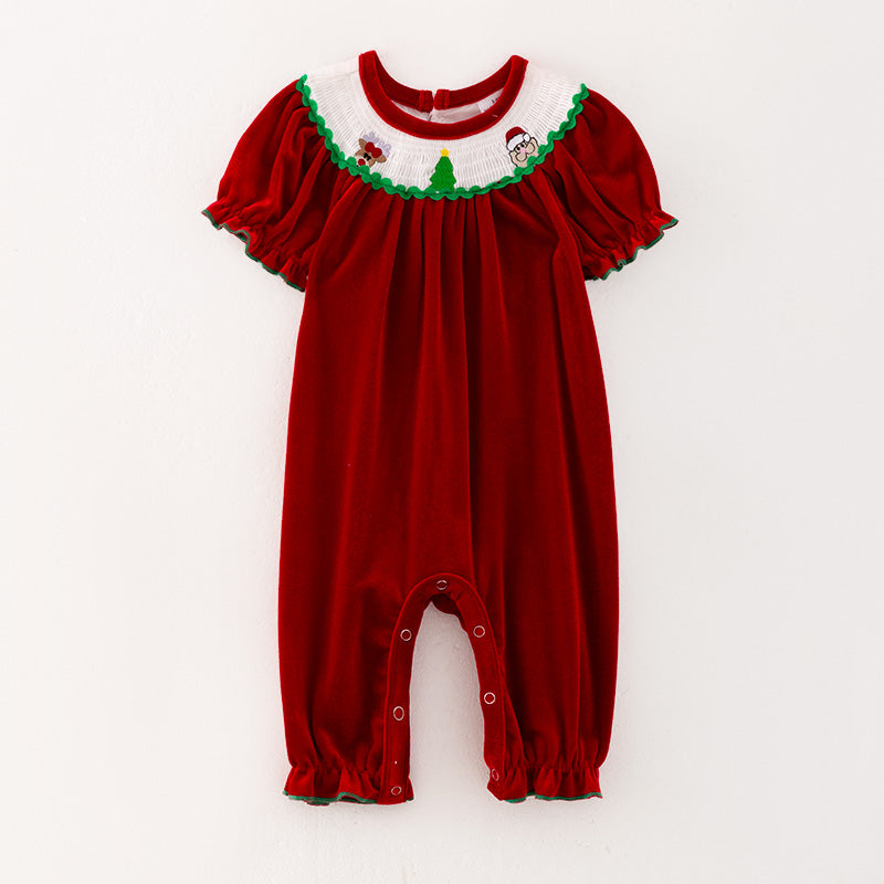 （In Stock E27-2-1）Baby Girls Christmas Embroidery Red Velvet Smocked Romper