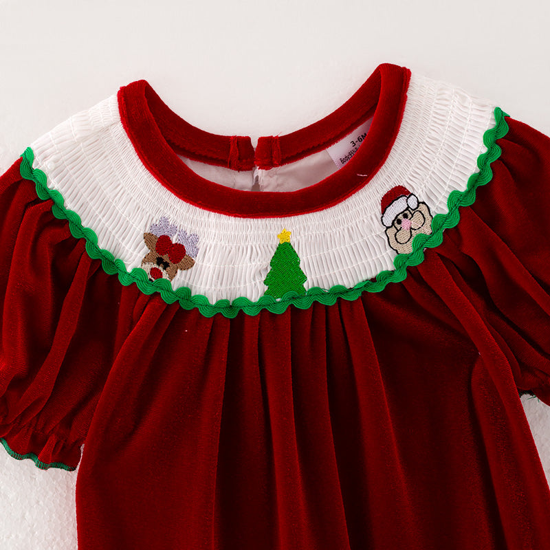 （In Stock E27-2-1）Baby Girls Christmas Embroidery Red Velvet Smocked Romper