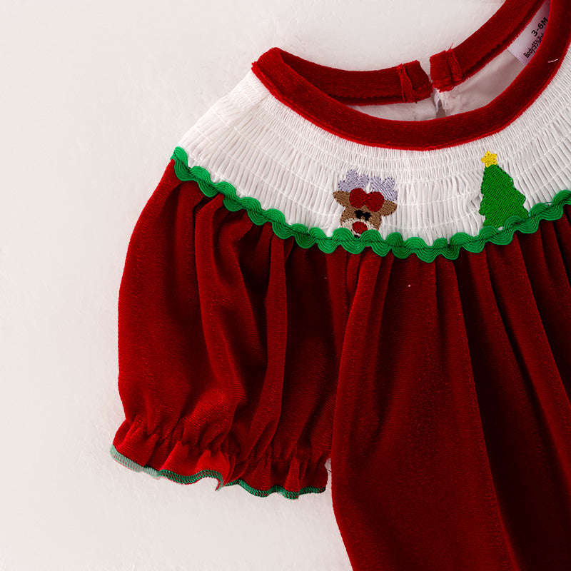 （In Stock E27-2-1）Baby Girls Christmas Embroidery Red Velvet Smocked Romper