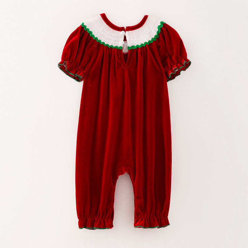 （In Stock E27-2-1）Baby Girls Christmas Embroidery Red Velvet Smocked Romper