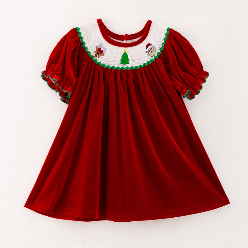 （In Stock E25-1-3）Girls Christmas Embroidery Red Velvet Smocked Dress