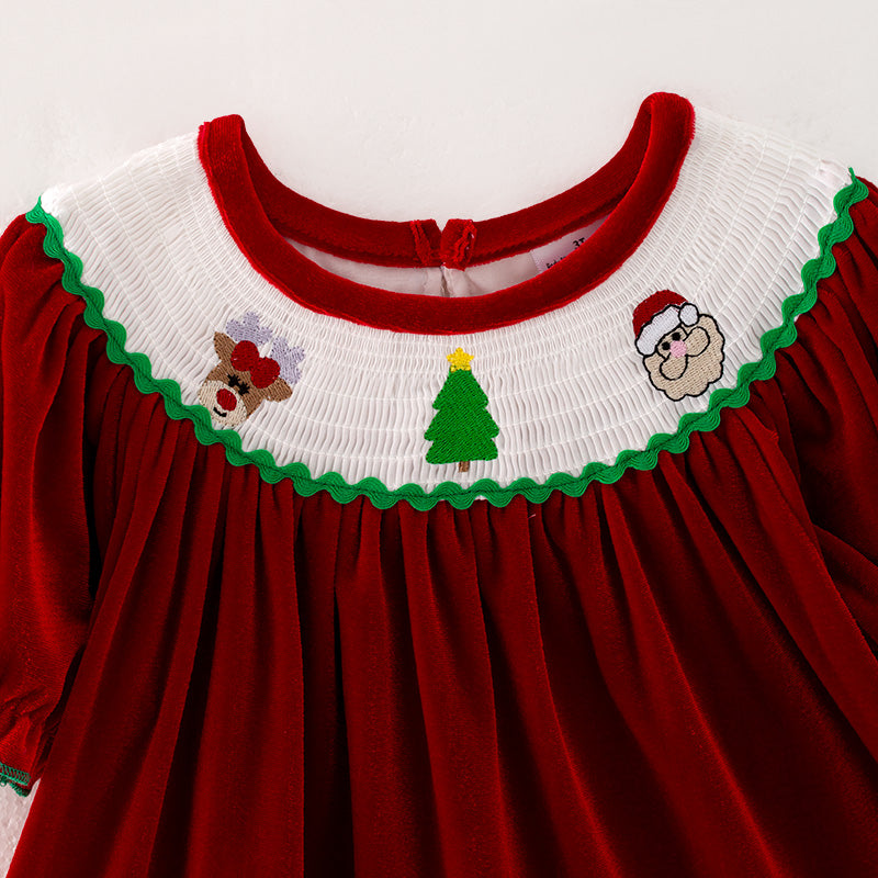 （In Stock E25-1-3）Girls Christmas Embroidery Red Velvet Smocked Dress