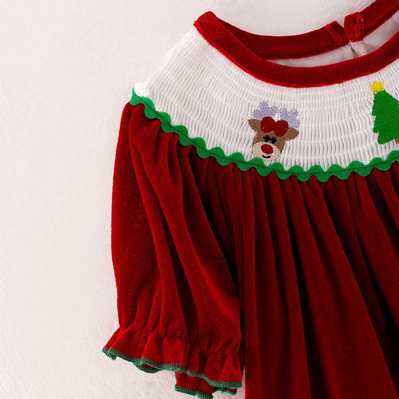 （In Stock E25-1-3）Girls Christmas Embroidery Red Velvet Smocked Dress