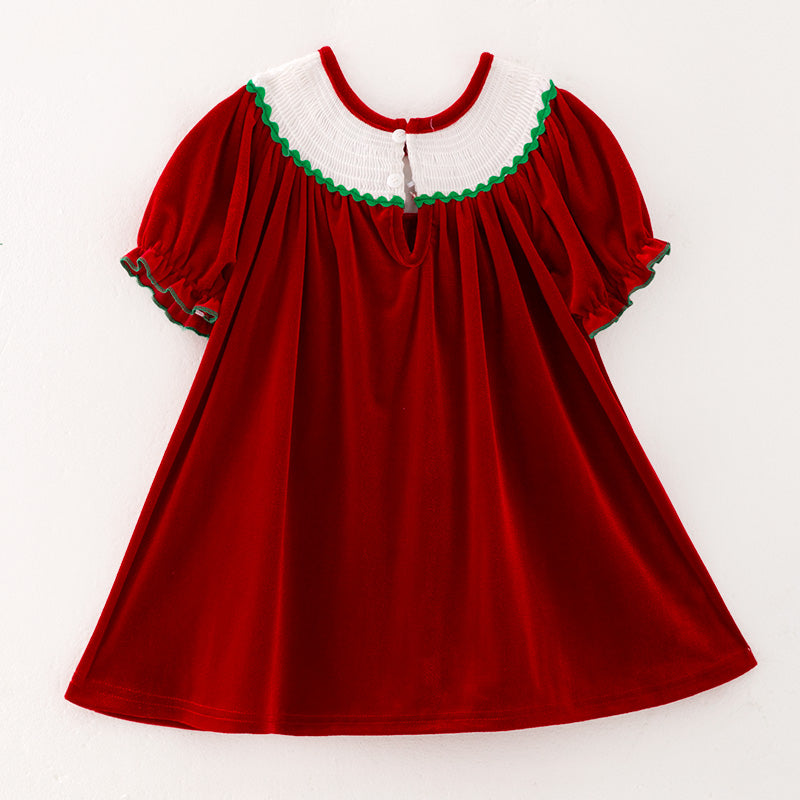 （In Stock E25-1-3）Girls Christmas Embroidery Red Velvet Smocked Dress