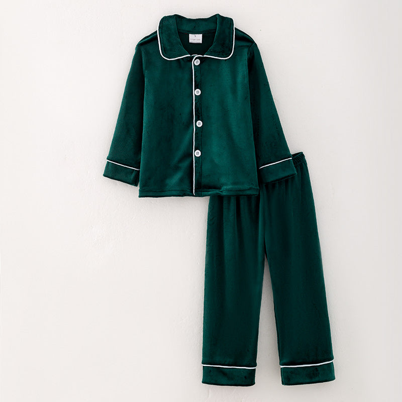 （In Stock A4-7-1）Boys Christmas Green Velvet Pajamas