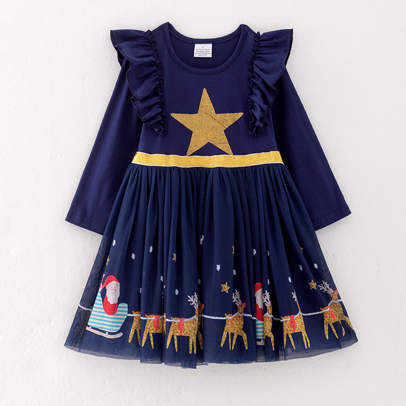 （In Stock E28-5-1）Girls Christmas Print Tulle Dress