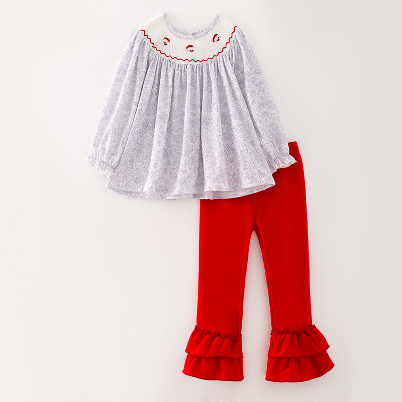 （In Stock E24-1-2）Girls Christmas Embroidery Smocked Outfit Set