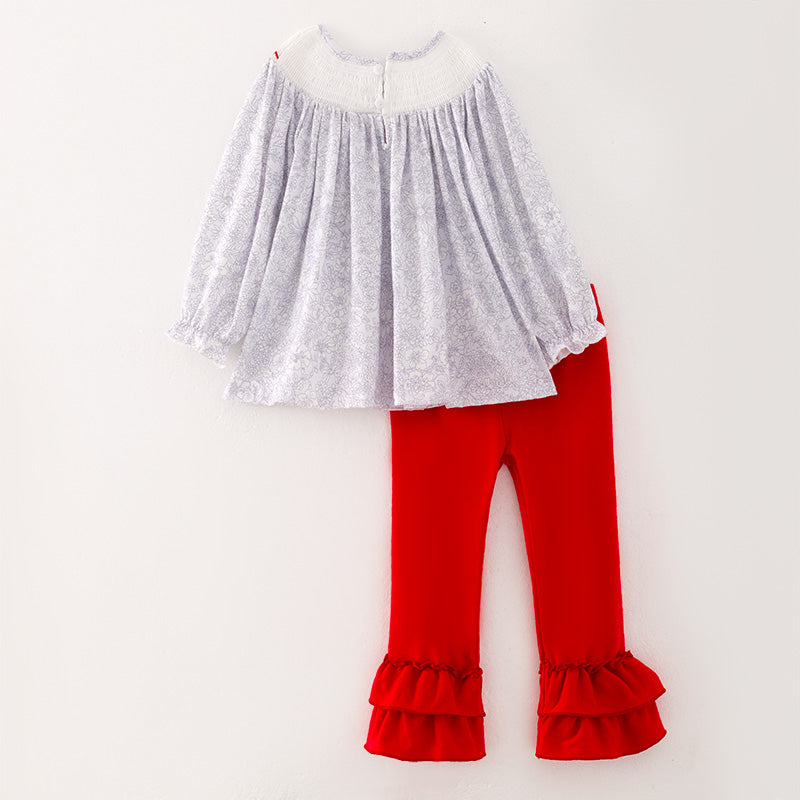 （In Stock E24-1-2）Girls Christmas Embroidery Smocked Outfit Set