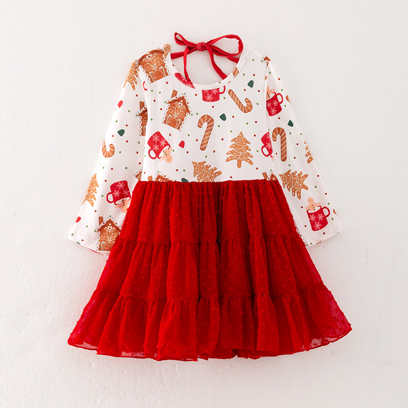 （In Stock Q5-3-2）Girls Christmas Print Swiss Dot Dress