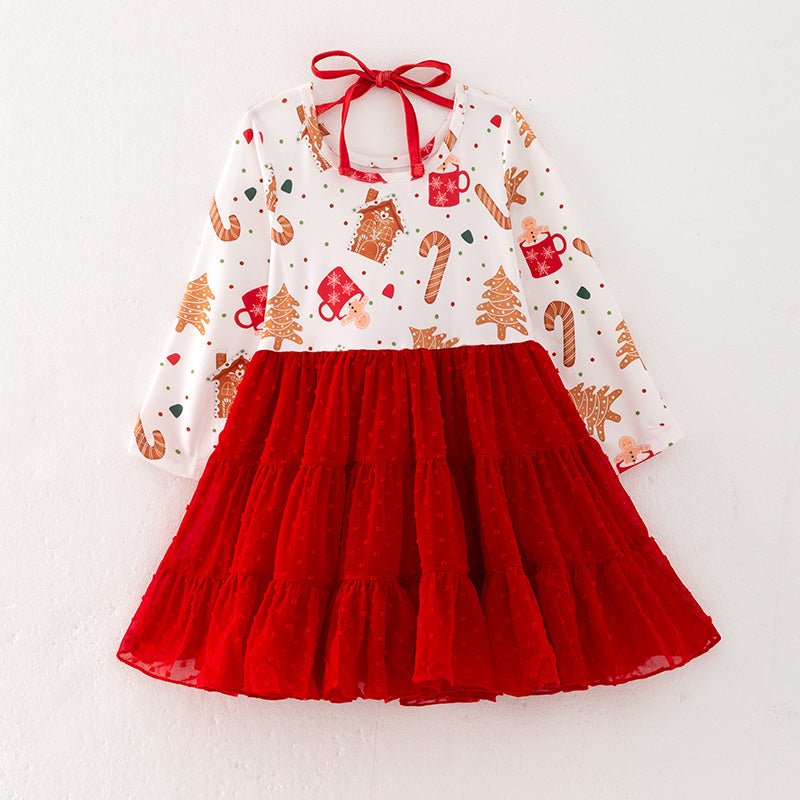 （In Stock Q5-3-2）Girls Christmas Print Swiss Dot Dress