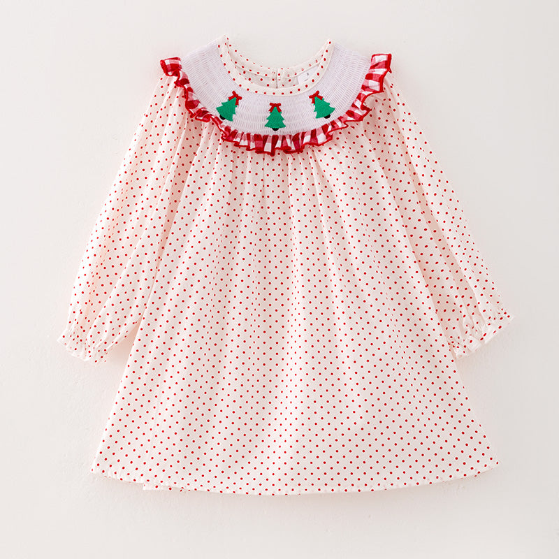 （In Stock L8-3-3）Girls Christmas Tree Embroidery Smocked Dress