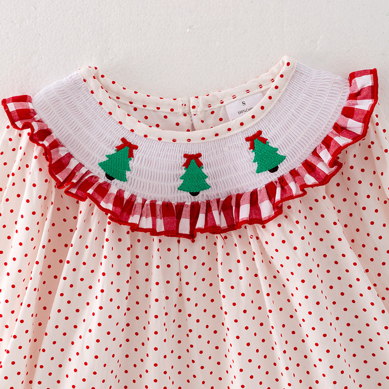 （In Stock L8-3-3）Girls Christmas Tree Embroidery Smocked Dress